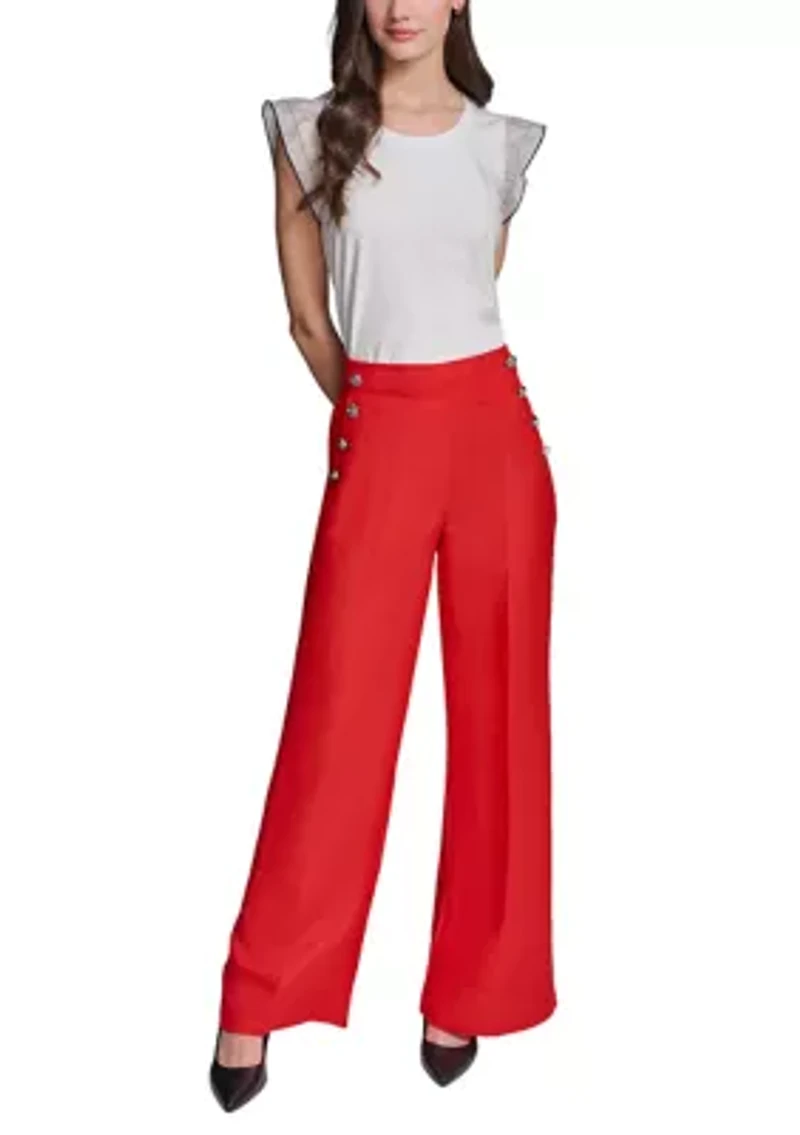 Women's Wide Leg Button Detail Linen Pants