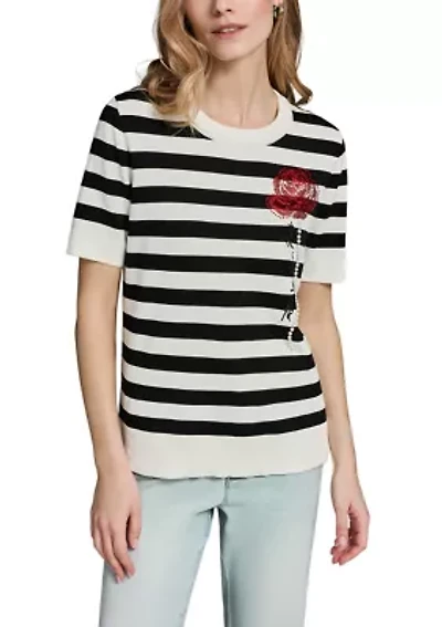 Women's Crew Neck Striped Rose Sweater