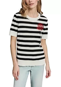 Women's Crew Neck Striped Rose Sweater