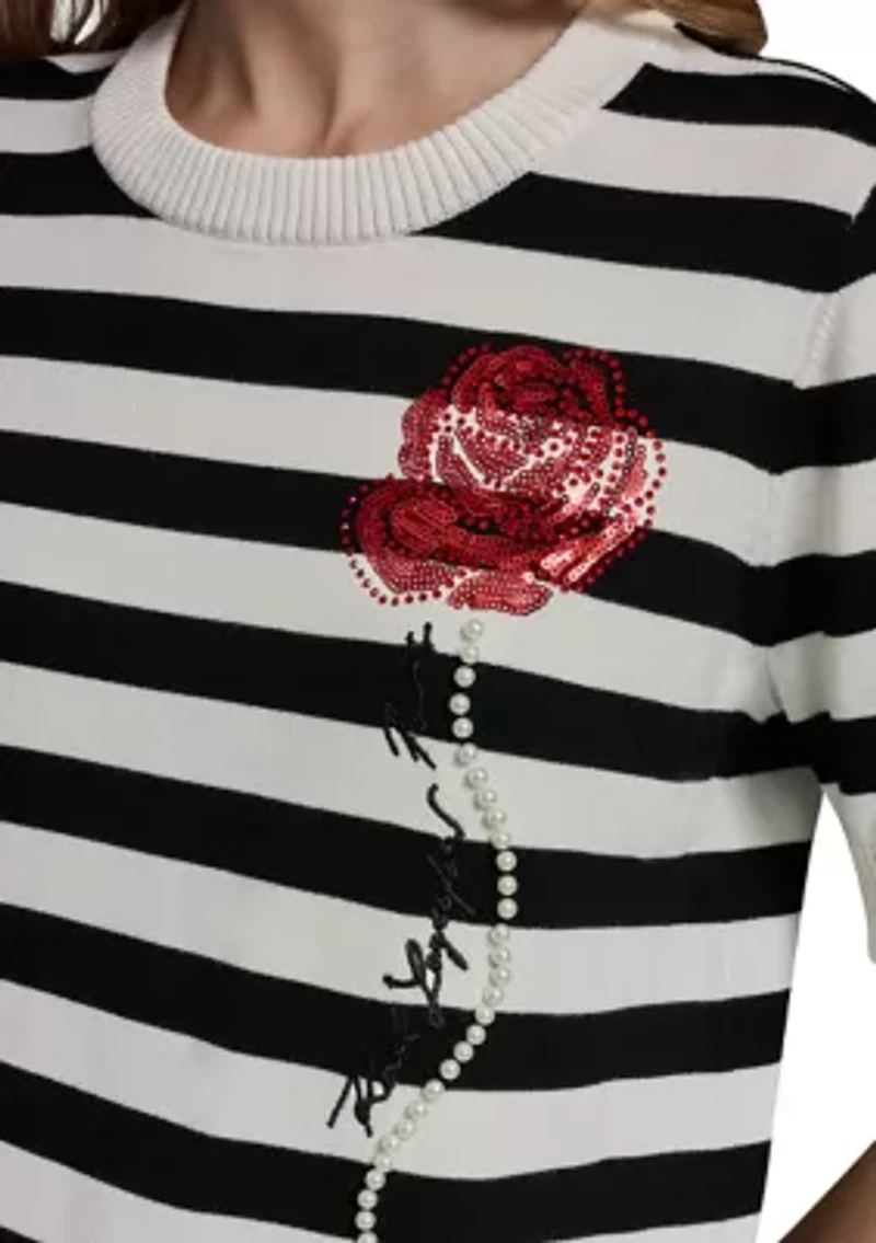 Women's Crew Neck Striped Rose Sweater