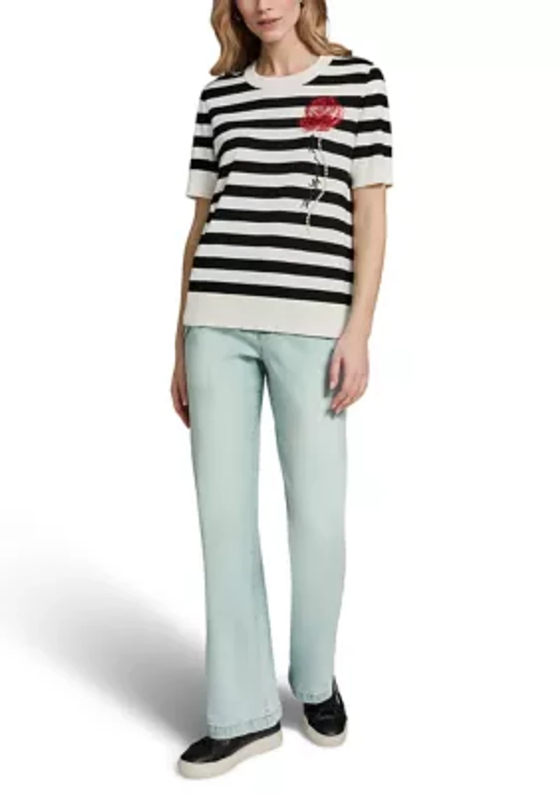 Women's Crew Neck Striped Rose Sweater