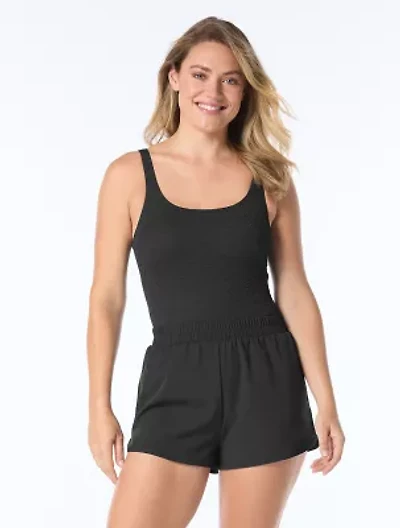 Scoopneck Texture Romper One Piece Swimsuit