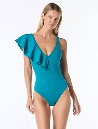 Vince Camuto Ruffle Shoulder One Piece Swimsuit