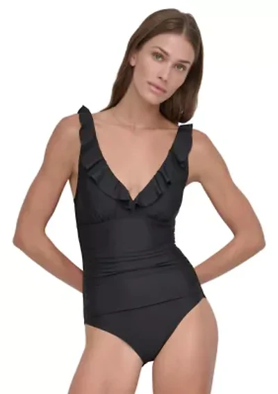 One Piece Ruffle Plunge Swimsuit