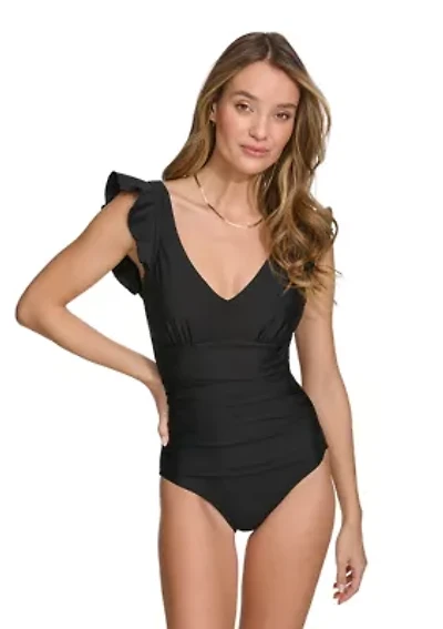 Plunging V-Neck Ruffle Shoulder One Piece Swimsuit