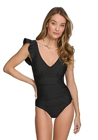 Plunging V-Neck Ruffle Shoulder One Piece Swimsuit