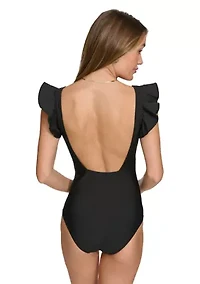 Plunging V-Neck Ruffle Shoulder One Piece Swimsuit