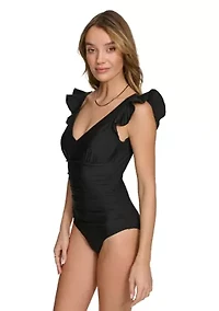 Plunging V-Neck Ruffle Shoulder One Piece Swimsuit