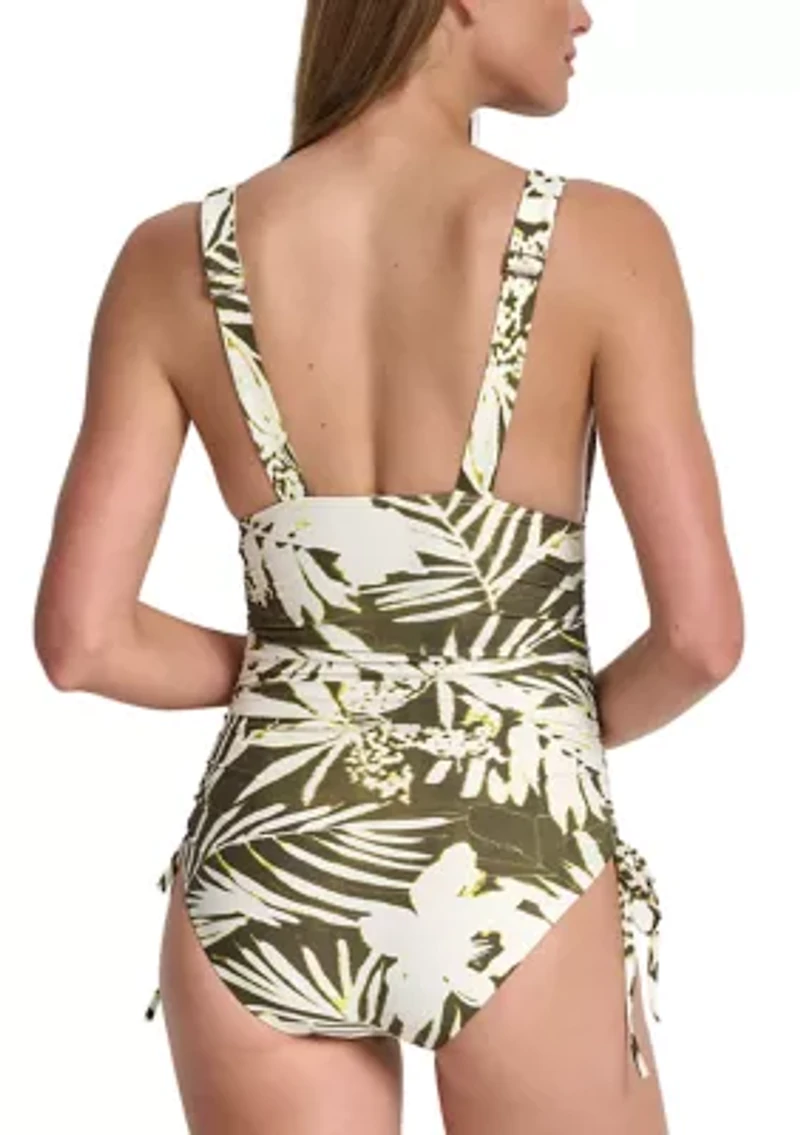 Tiki Floral Shirred Side Tie Plunge One Piece Swimsuit