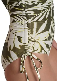 Tiki Floral Shirred Side Tie Plunge One Piece Swimsuit