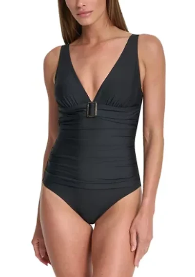 Logo Front Buckle Shirred Off-the-Shoulder One Piece Swimsuit