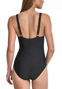 Logo Front Buckle Shirred Off-the-Shoulder One Piece Swimsuit