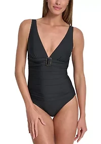 Logo Front Buckle Shirred Off-the-Shoulder One Piece Swimsuit