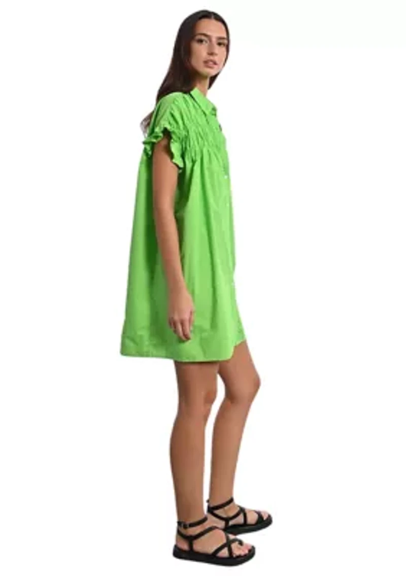 Women's Solid Smock Ruffle Sleeve Shirtdress