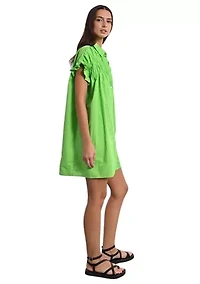 Women's Solid Smock Ruffle Sleeve Shirtdress
