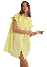 Women's Solid Smock Ruffle Sleeve Shirtdress