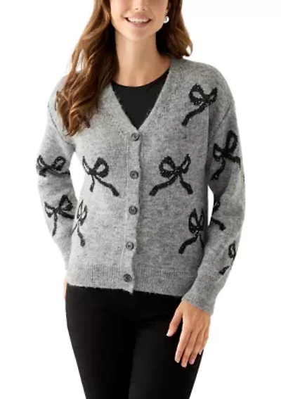 Women's Button Front Bow Print Cardigan