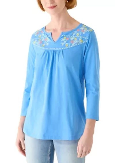 Women's 3/4 Sleeve Embroidered Yoke Top