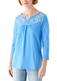Women's 3/4 Sleeve Embroidered Yoke Top