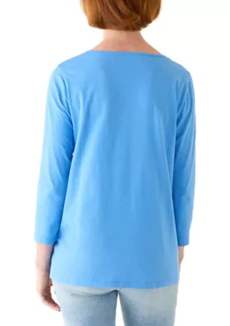 Women's 3/4 Sleeve Embroidered Yoke Top