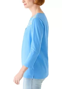 Women's 3/4 Sleeve Embroidered Yoke Top