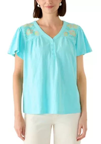 Women's Henley Embroidered Top