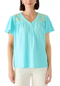 Women's Henley Embroidered Top