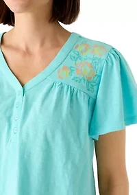 Women's Henley Embroidered Top