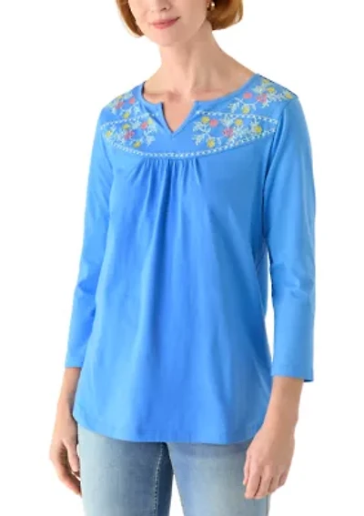 Plus 3/4 Sleeve Embroidered Split Neck Top