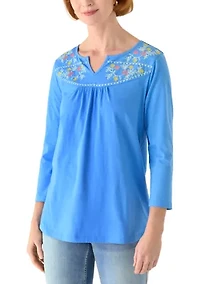 Plus 3/4 Sleeve Embroidered Split Neck Top