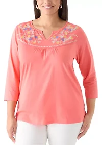 Plus 3/4 Sleeve Embroidered Split Neck Top