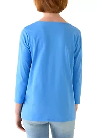 Plus 3/4 Sleeve Embroidered Split Neck Top
