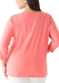 Plus 3/4 Sleeve Embroidered Split Neck Top