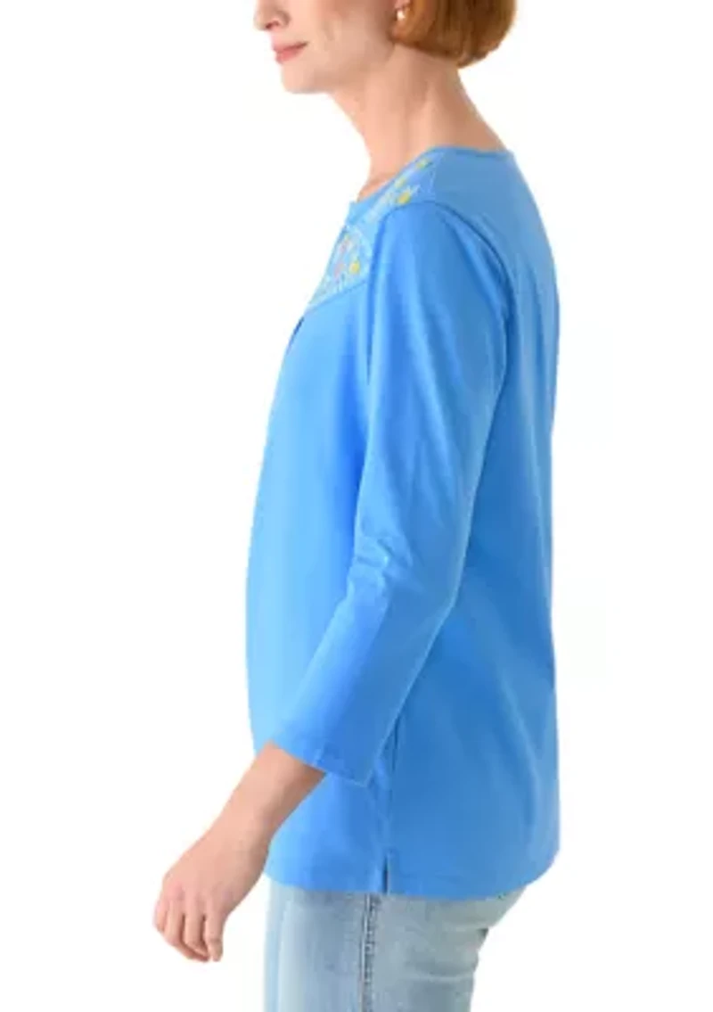 Plus 3/4 Sleeve Embroidered Split Neck Top