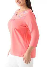 Plus 3/4 Sleeve Embroidered Split Neck Top