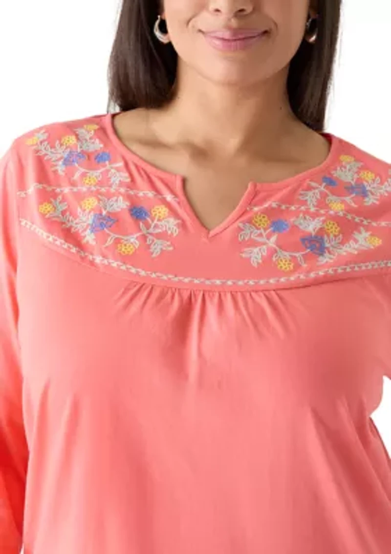 Plus 3/4 Sleeve Embroidered Split Neck Top