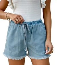 Women's Denim Frayed Drawstring Shorts