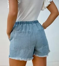 Women's Denim Frayed Drawstring Shorts