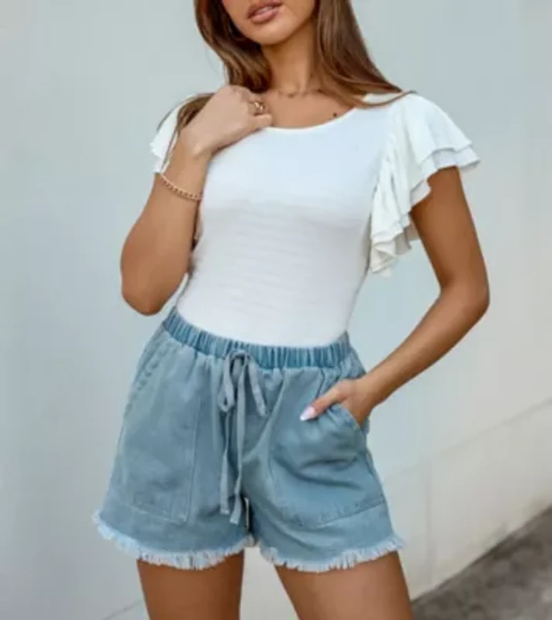 Women's Denim Frayed Drawstring Shorts
