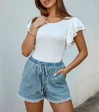Women's Denim Frayed Drawstring Shorts