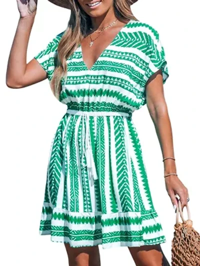 Women's Green Geo Dolman Sleeve Mini Cover-Up