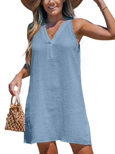 Women's Sleeveless Lace Detail V-Neck Mini Cover-Up Dress