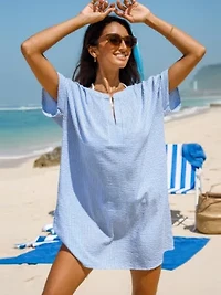 Women's Pinstriped Seersucker Cover-Up Dress