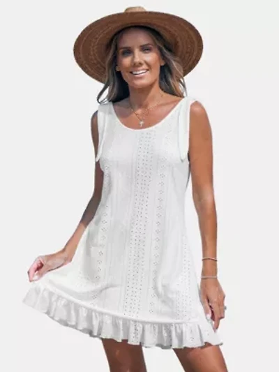 Women's White Eyelet Ruffle Hem Beach Cover Up Dress