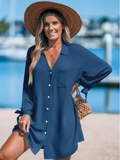 Women's Collared V-Neck Long Sleeve Cover-Up Dress