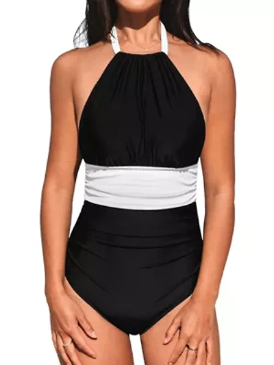 Women's Chic Color Block Halter Neck One Piece Swimsuit