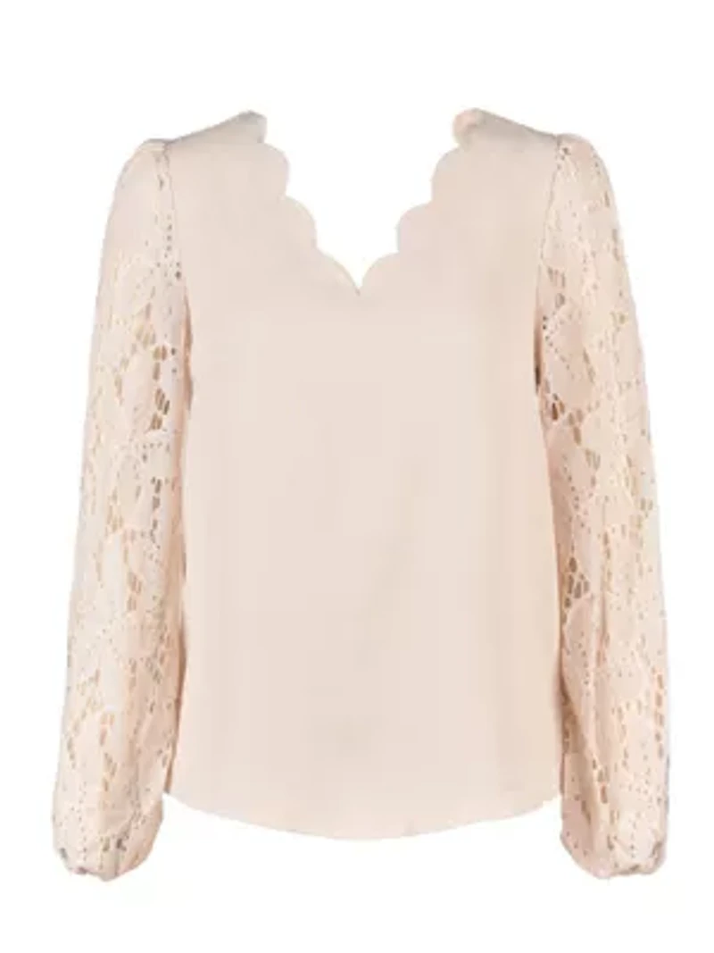 Women's Floral Lace Scalloped V Neck Top