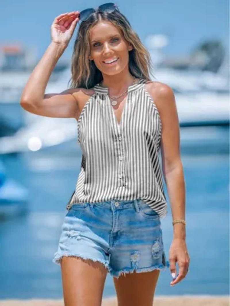 Women's Striped V-Neck Buttoned Top