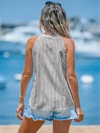 Women's Striped V-Neck Buttoned Top