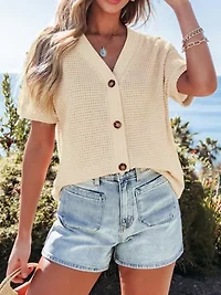 Women's Waffle Knit Short Sleeve Button Up Top